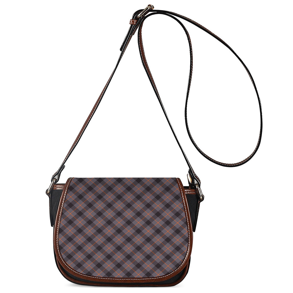 Grey And Orange Plaid Pattern Print Saddle Bag