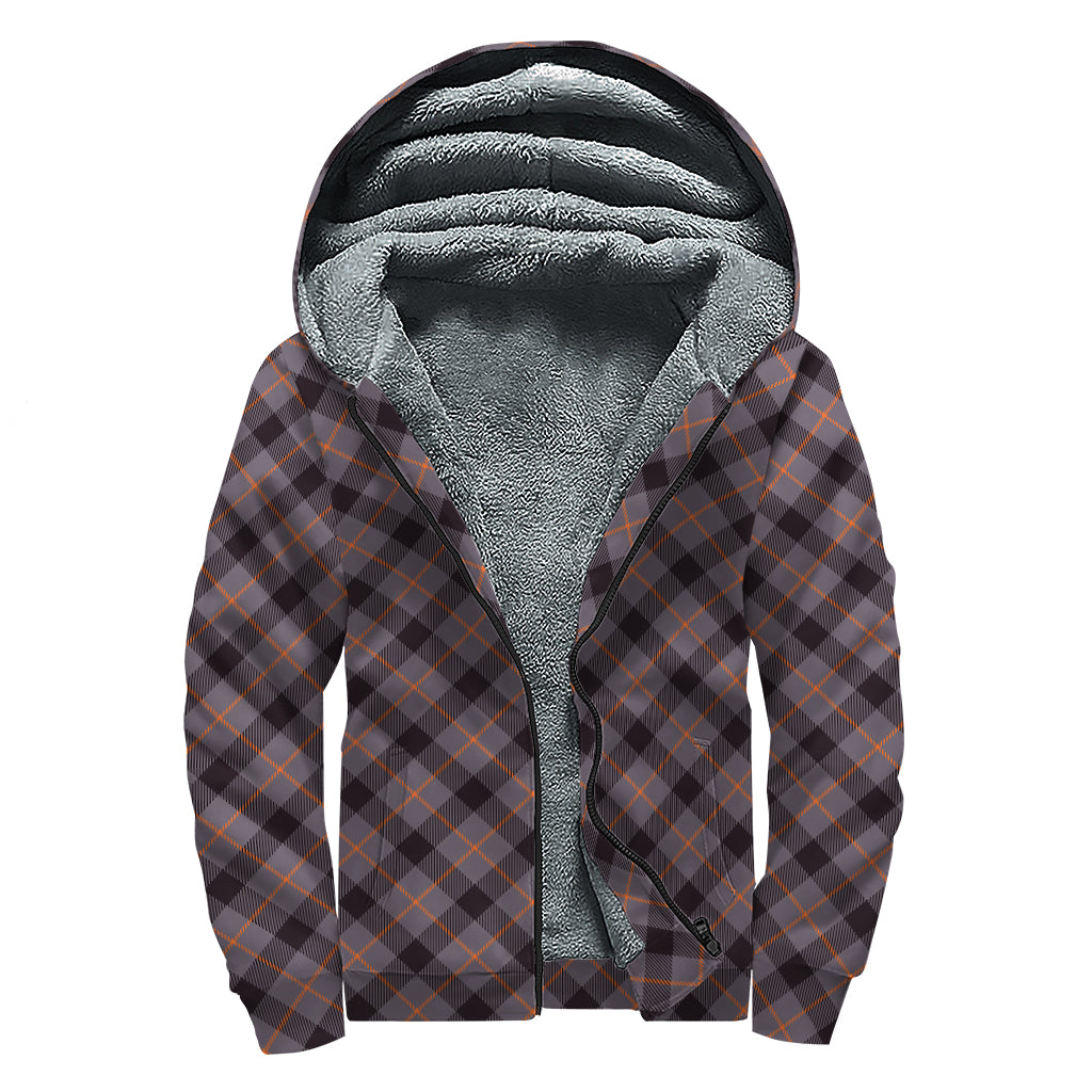 Grey And Orange Plaid Pattern Print Sherpa Lined Zip Up Hoodie