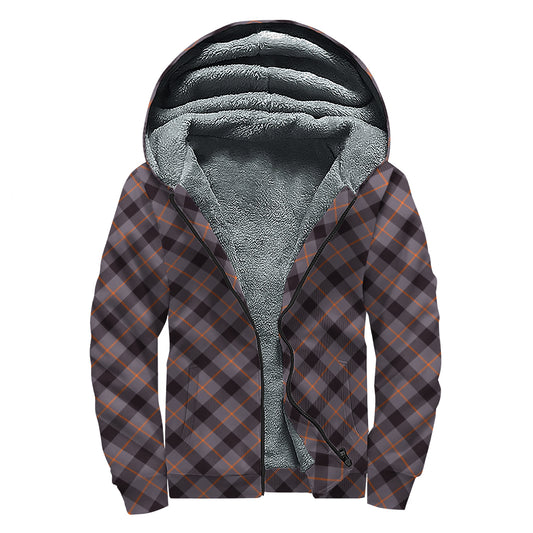 Grey And Orange Plaid Pattern Print Sherpa Lined Zip Up Hoodie