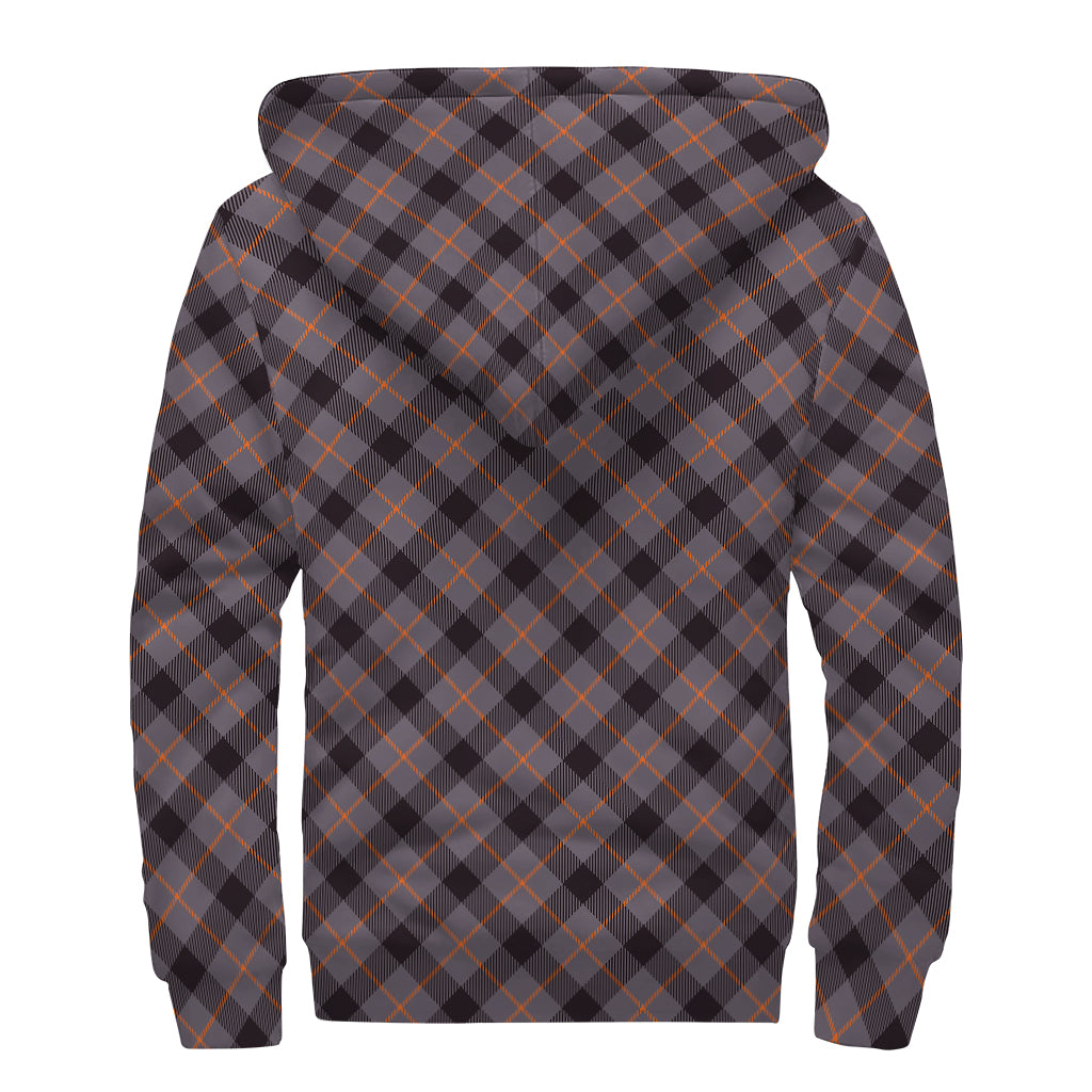 Grey And Orange Plaid Pattern Print Sherpa Lined Zip Up Hoodie