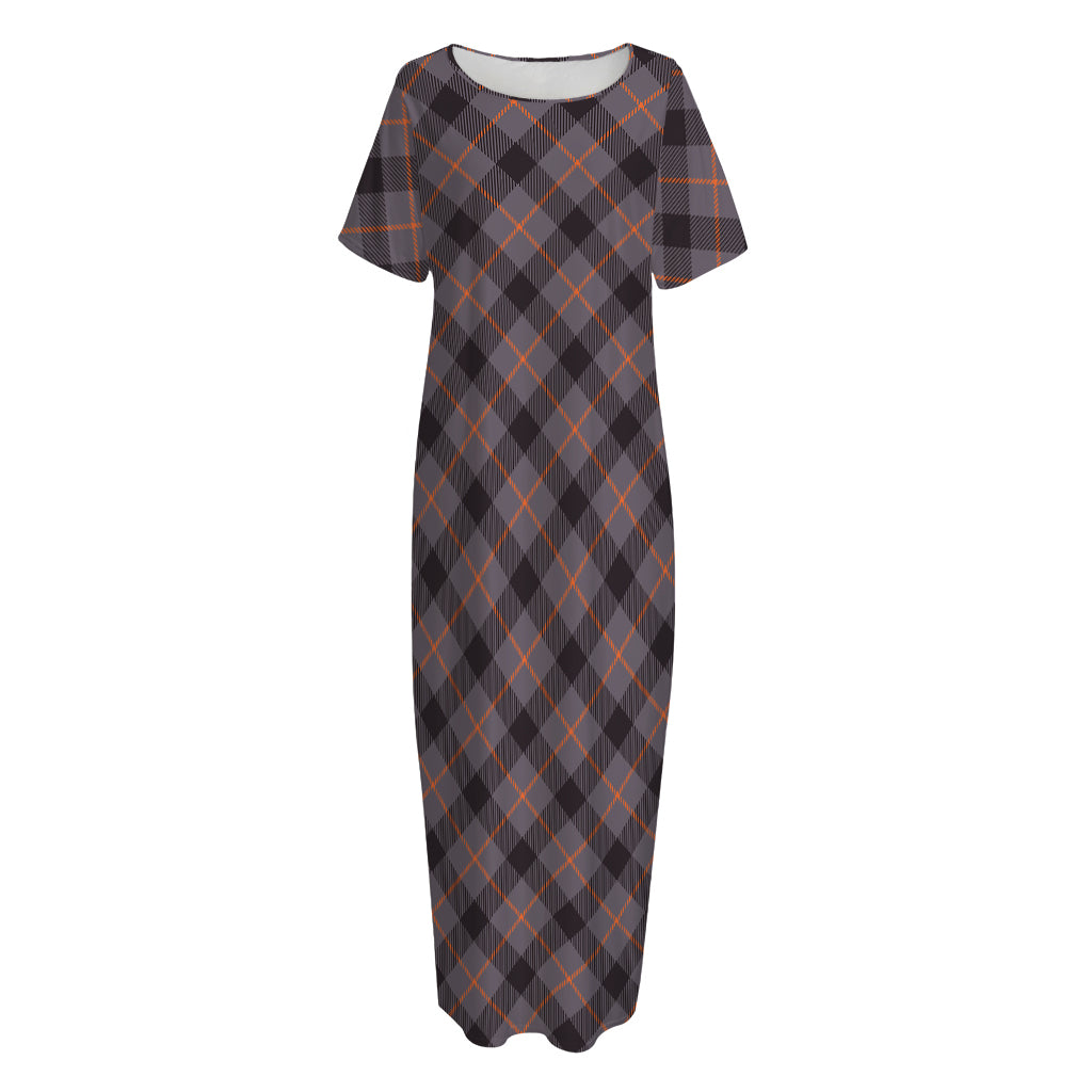 Grey And Orange Plaid Pattern Print Short Sleeve Long Nightdress