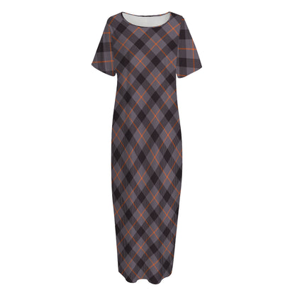 Grey And Orange Plaid Pattern Print Short Sleeve Long Nightdress