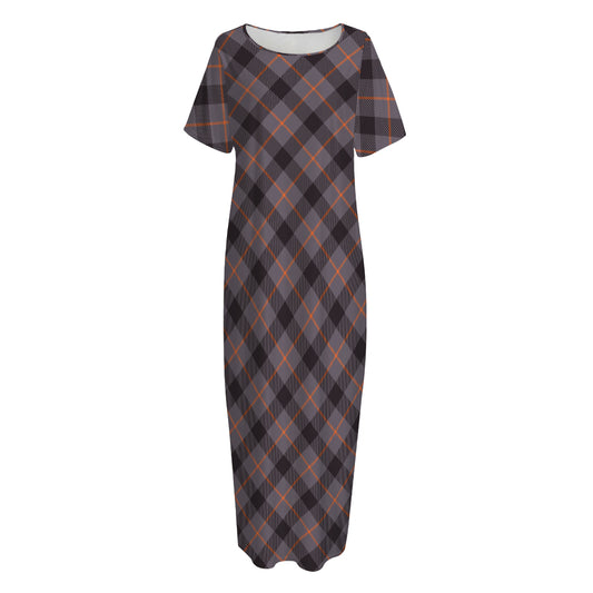 Grey And Orange Plaid Pattern Print Short Sleeve Long Nightdress