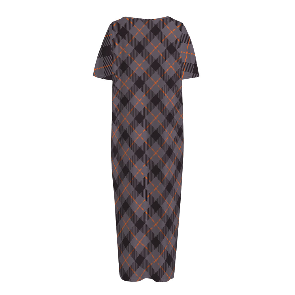 Grey And Orange Plaid Pattern Print Short Sleeve Long Nightdress