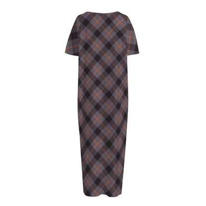 Grey And Orange Plaid Pattern Print Short Sleeve Long Nightdress