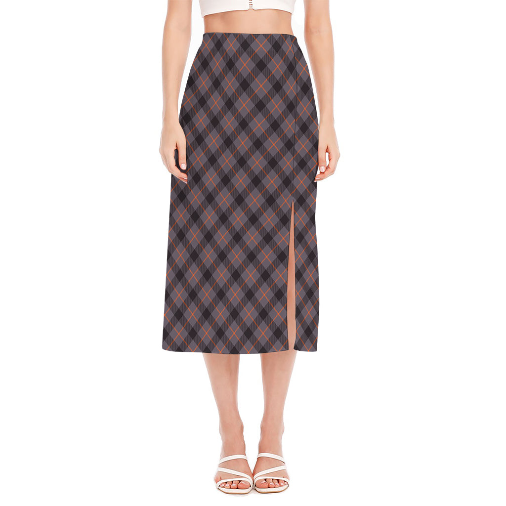 Grey And Orange Plaid Pattern Print Side Slit Midi Skirt