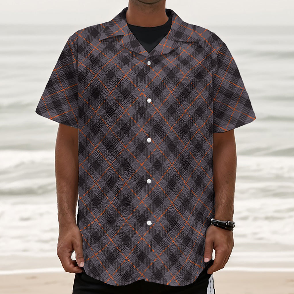 Grey And Orange Plaid Pattern Print Textured Short Sleeve Shirt
