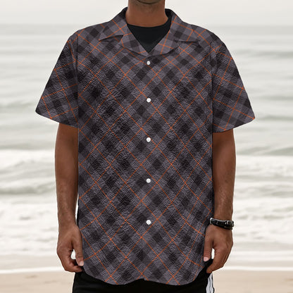 Grey And Orange Plaid Pattern Print Textured Short Sleeve Shirt