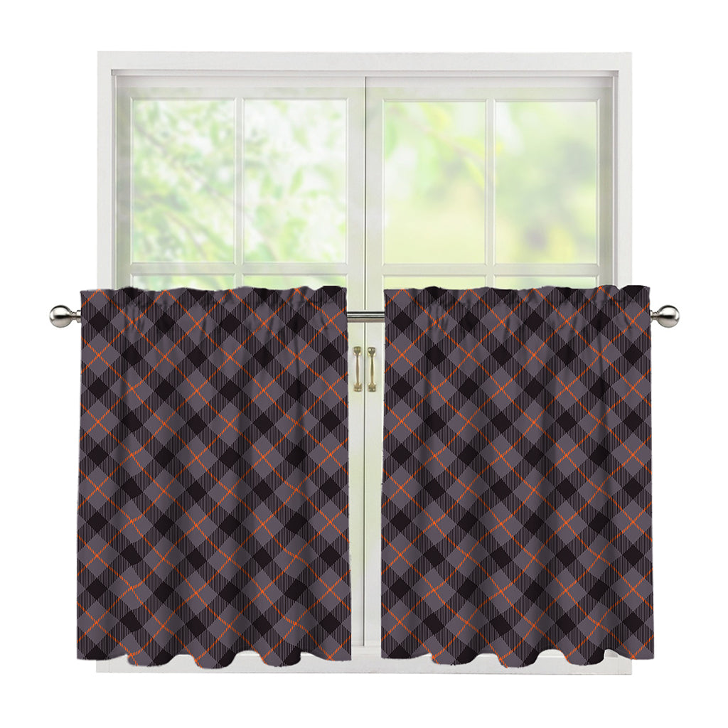 Grey And Orange Plaid Pattern Print Tier Curtains