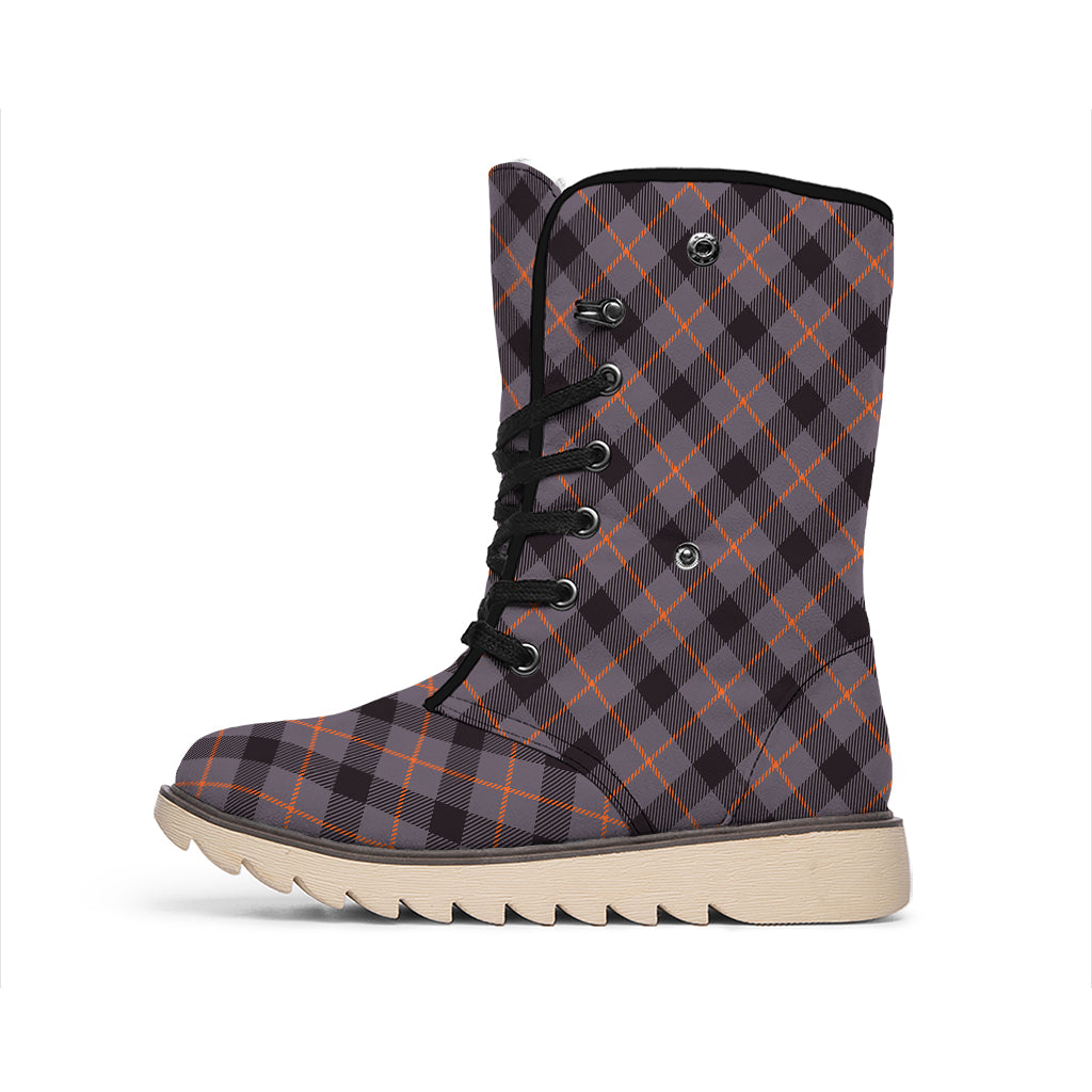 Grey And Orange Plaid Pattern Print Winter Boots