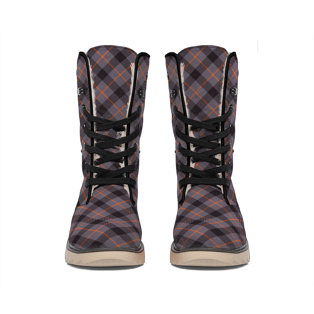 Grey And Orange Plaid Pattern Print Winter Boots