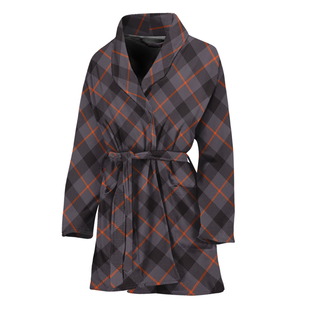 Grey And Orange Plaid Pattern Print Women's Bathrobe