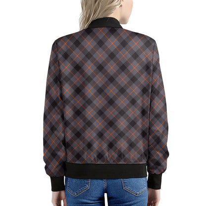 Grey And Orange Plaid Pattern Print Women's Bomber Jacket