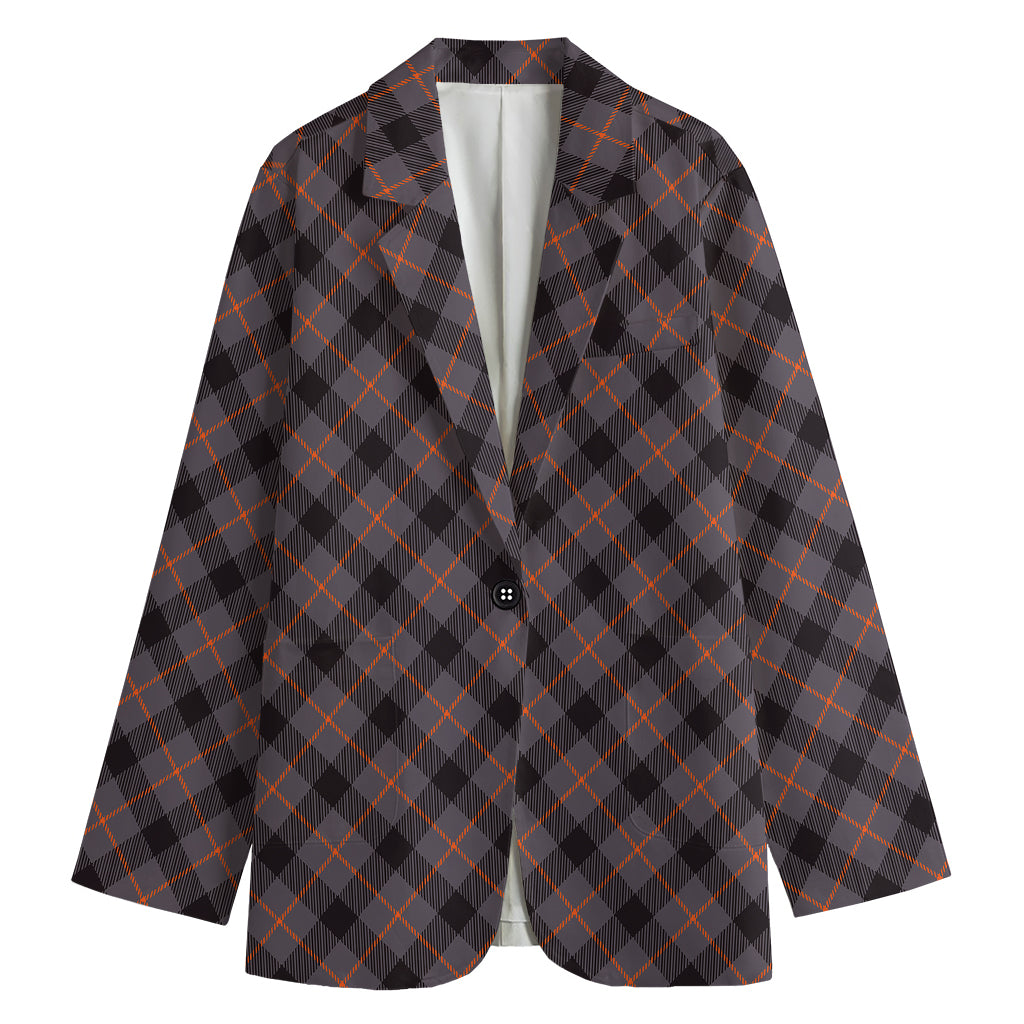 Grey And Orange Plaid Pattern Print Women's Cotton Blazer