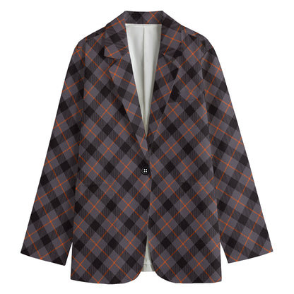 Grey And Orange Plaid Pattern Print Women's Cotton Blazer