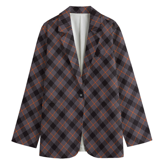 Grey And Orange Plaid Pattern Print Women's Cotton Blazer