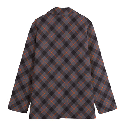 Grey And Orange Plaid Pattern Print Women's Cotton Blazer