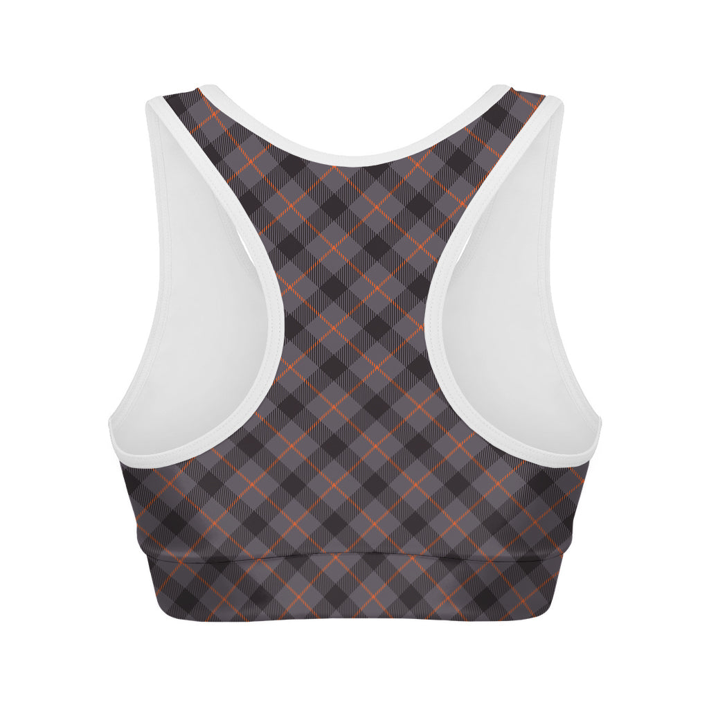 Grey And Orange Plaid Pattern Print Women's Sports Bra
