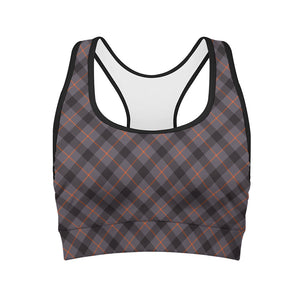 Grey And Orange Plaid Pattern Print Women's Sports Bra