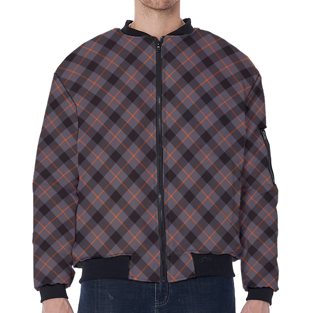 Grey And Orange Plaid Pattern Print Zip Sleeve Bomber Jacket