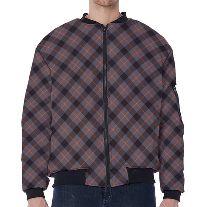 Grey And Orange Plaid Pattern Print Zip Sleeve Bomber Jacket