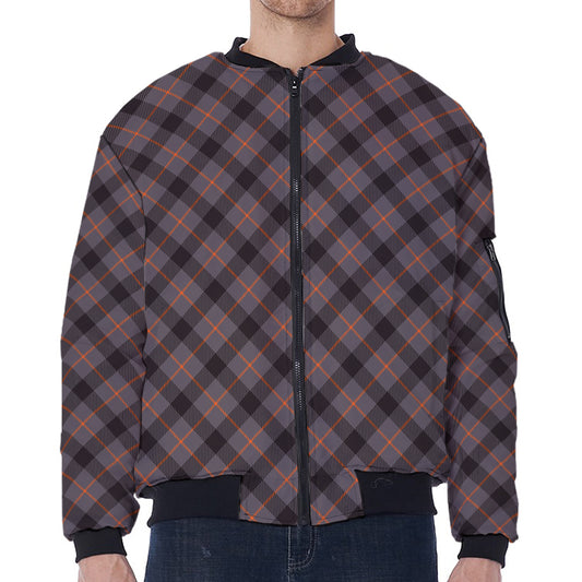 Grey And Orange Plaid Pattern Print Zip Sleeve Bomber Jacket