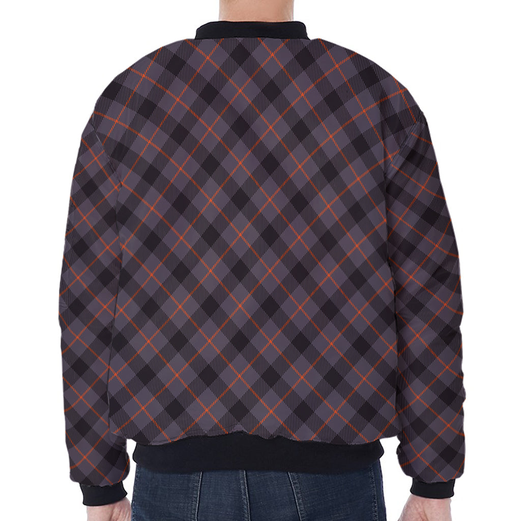 Grey And Orange Plaid Pattern Print Zip Sleeve Bomber Jacket