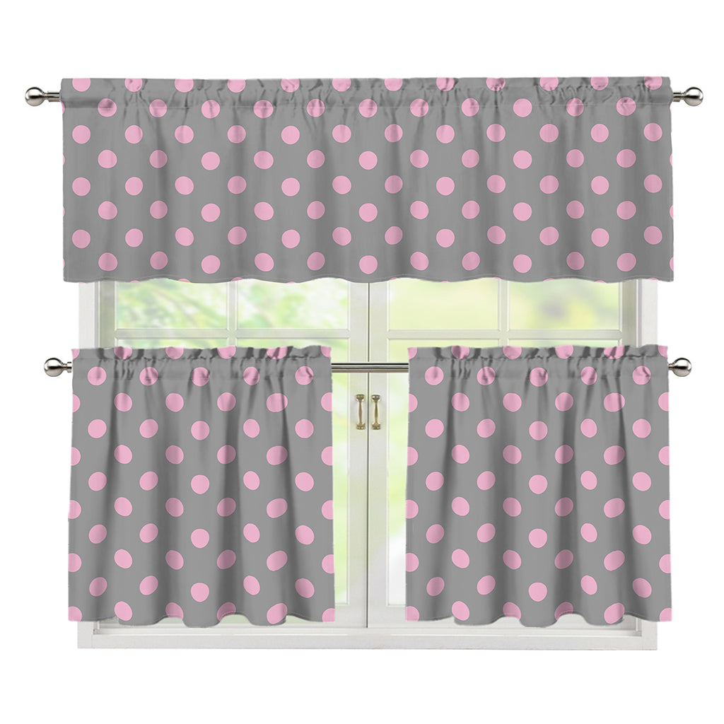 Grey And Pink Polka Dot Pattern Print 3 Piece Kitchen Curtains