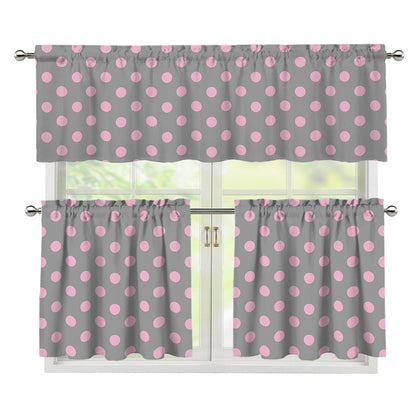 Grey And Pink Polka Dot Pattern Print 3 Piece Kitchen Curtains