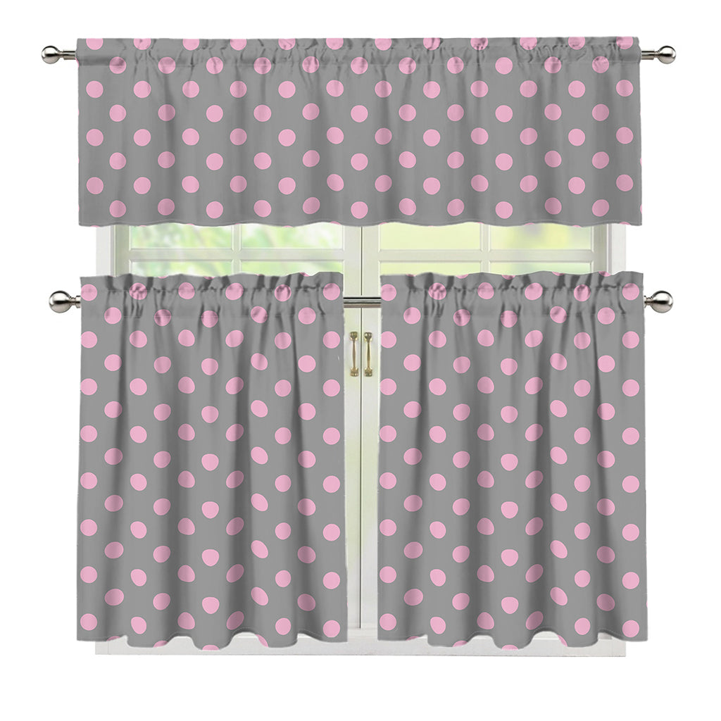 Grey And Pink Polka Dot Pattern Print 3 Piece Kitchen Curtains