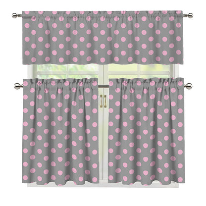Grey And Pink Polka Dot Pattern Print 3 Piece Kitchen Curtains