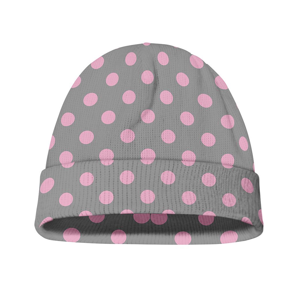 Grey And Pink Polka Dot Pattern Print Beanie