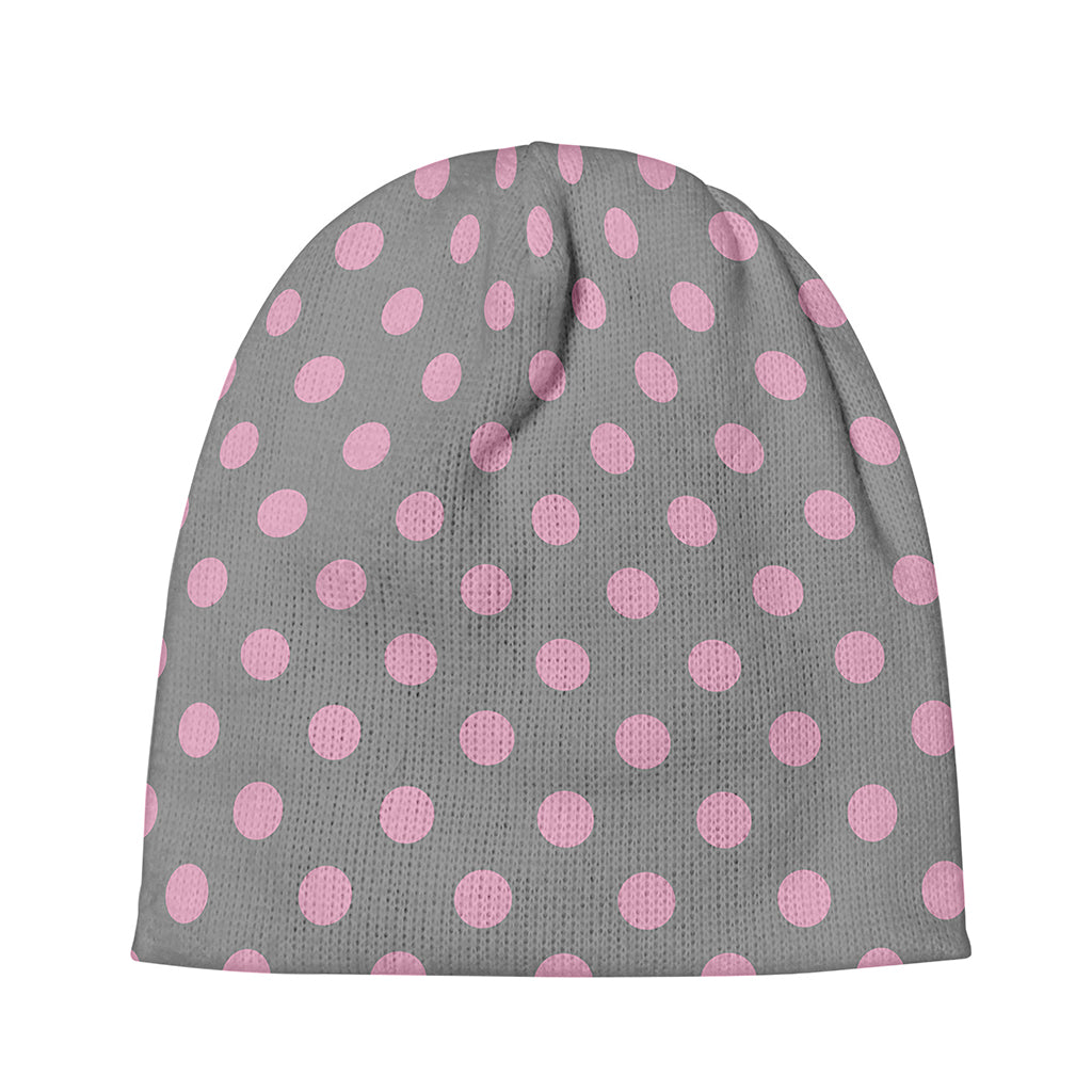Grey And Pink Polka Dot Pattern Print Beanie