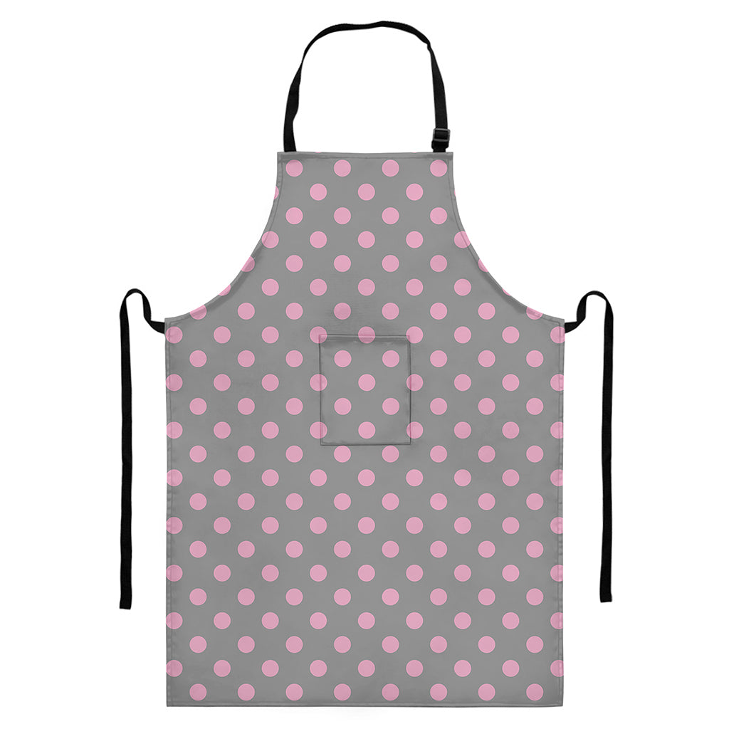 Grey And Pink Polka Dot Pattern Print Bib Apron With Pocket