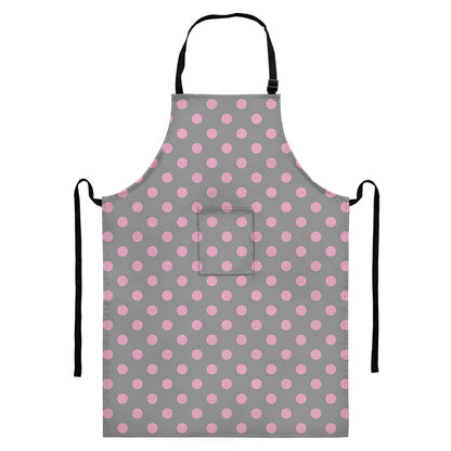 Grey And Pink Polka Dot Pattern Print Bib Apron With Pocket