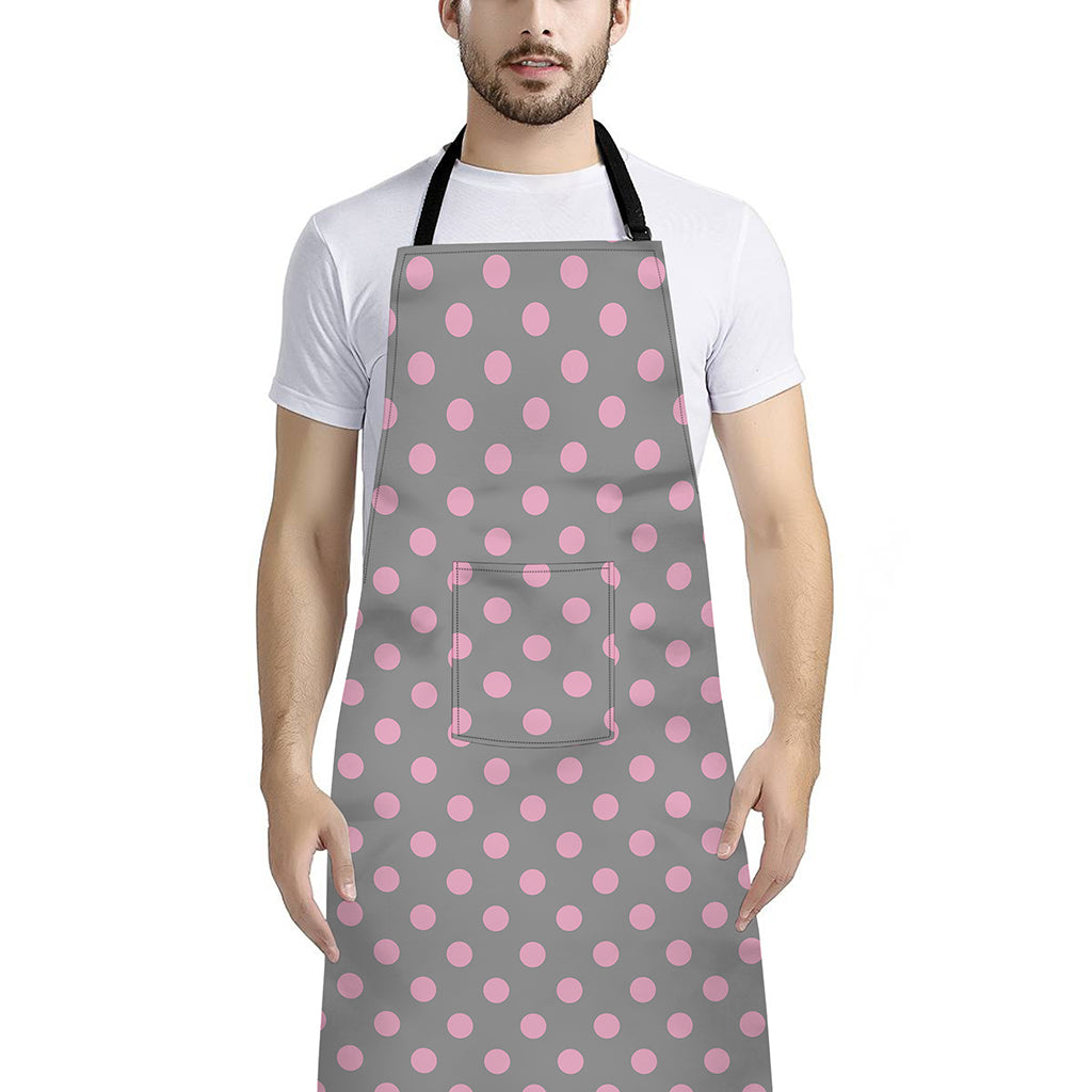 Grey And Pink Polka Dot Pattern Print Bib Apron With Pocket