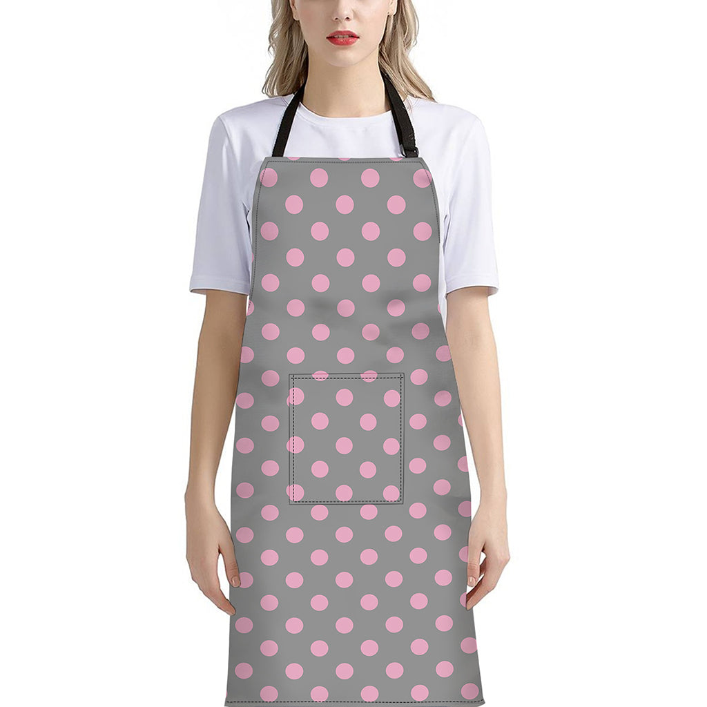 Grey And Pink Polka Dot Pattern Print Bib Apron With Pocket