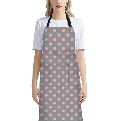 Grey And Pink Polka Dot Pattern Print Bib Apron With Pocket