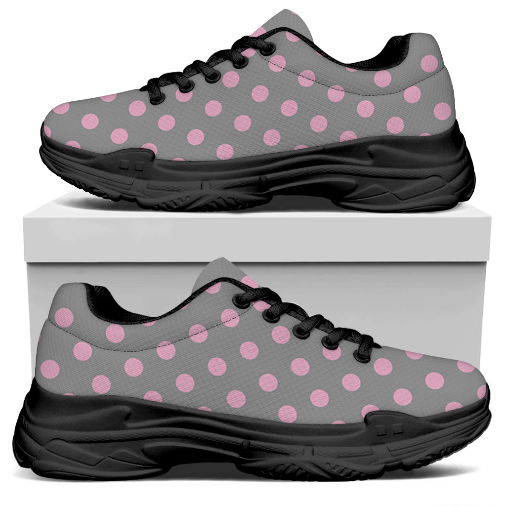 Grey And Pink Polka Dot Pattern Print Black Chunky Shoes