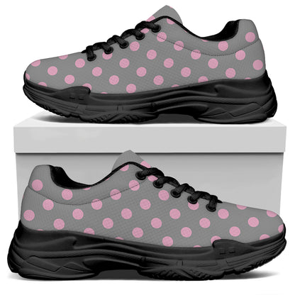 Grey And Pink Polka Dot Pattern Print Black Chunky Shoes