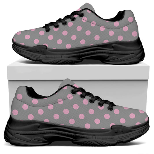 Grey And Pink Polka Dot Pattern Print Black Chunky Shoes