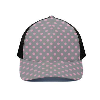 Grey And Pink Polka Dot Pattern Print Black Mesh Trucker Cap