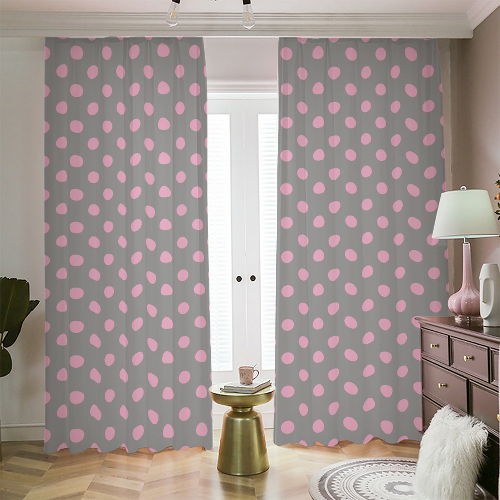 Grey And Pink Polka Dot Pattern Print Blackout Pencil Pleat Curtains