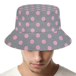 Grey And Pink Polka Dot Pattern Print Bucket Hat