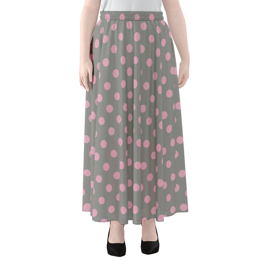 Grey And Pink Polka Dot Pattern Print Chiffon Maxi Skirt