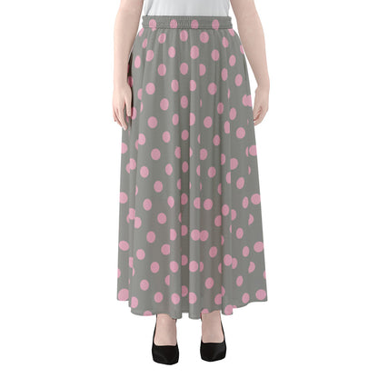 Grey And Pink Polka Dot Pattern Print Chiffon Maxi Skirt