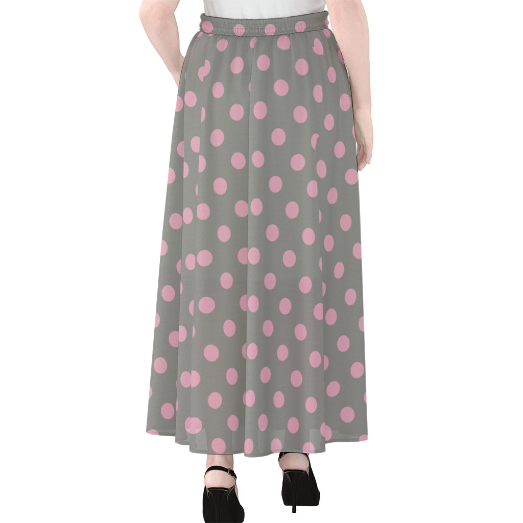 Grey And Pink Polka Dot Pattern Print Chiffon Maxi Skirt