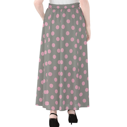 Grey And Pink Polka Dot Pattern Print Chiffon Maxi Skirt