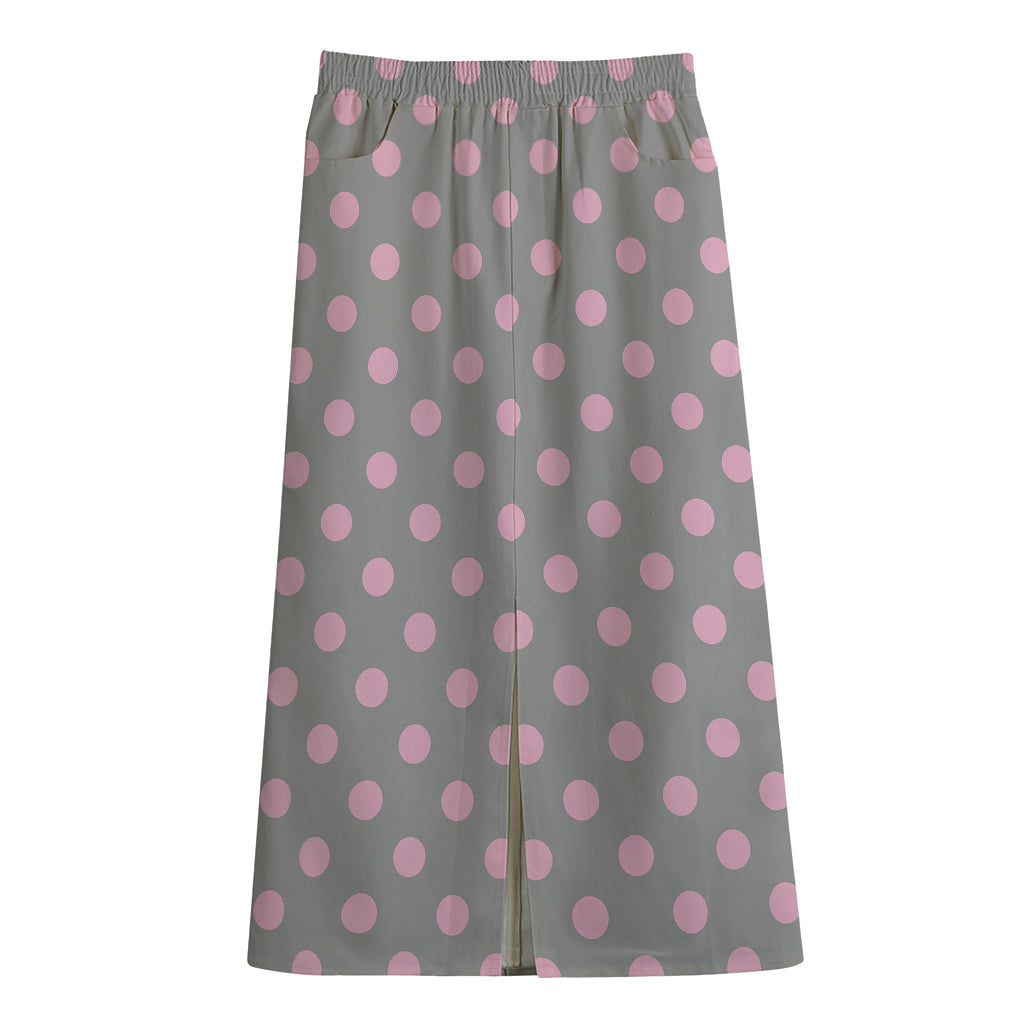 Grey And Pink Polka Dot Pattern Print Cotton Front Slit Maxi Skirt