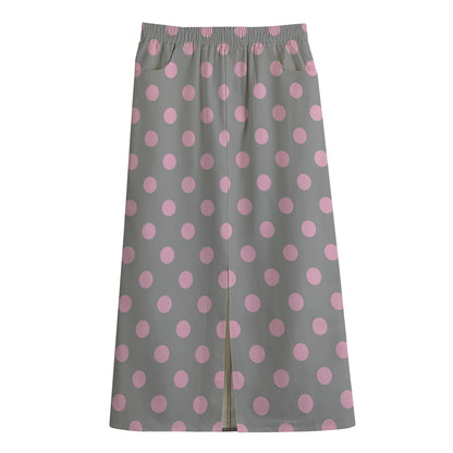 Grey And Pink Polka Dot Pattern Print Cotton Front Slit Maxi Skirt